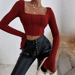 Women's T Shirts Long Sleeve Knitted Women Black Backless Sexy Streetwear Tees 2024 Spring Autumn Basic Y2K Crop Top Casual