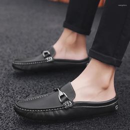 Casual Shoes Mules Men Leather Summer Slippers Sandals Male Slip On Half Loafers Fashion Flats Moccasins Black