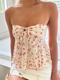 Women's Tanks Camis CHRONSTYLE Strapless Off Shoulder Ruched Tube Tops Women Front Tie-up Ruffles Summer Party Clubwear Tank fLORAL pRINT Mini Vest Y240518