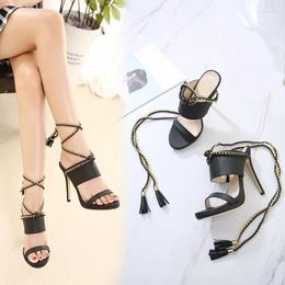 Casual Shoes Open Toe Beige Heeled Sandals Female Shoe 2024 Summer Large Size Peep Black Girls Velvet Lace Up Big Fashion Comfort High