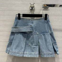 Skirts High End Retro Denim Washed Leather Pleated Skirt Hem Classic Style And Handsome