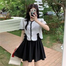 Work Dresses Korean Set Skirt Summer 2024 Vintage White Short Blouse And Black Mini Women Simple Elegant Formal Chic Dress Sets