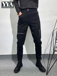 Men's Pants Design Zipper Splicing Slim Fit Pencil Men Fashion Gothic Striped Spring High Street Casual Trousers Male