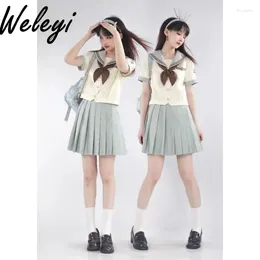 Work Dresses Kawaii Jirai Kei Cute Skirt Set Japanese Fashion 2024 Summer Sweet College Style Sailor Collar Short Long Sleeve Y2k Suit