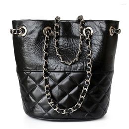 Evening Bags 2024 Genuine Leather Women Shoulder Bag Fashion Brand Design Plaid Bucket Underarm Handbag Female Chain Belt Totes