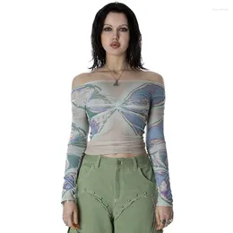 Women's T Shirts Off The Shoulder Geometric Printed T-shirt Summer Long Sleeve Mesh Sheer Top Trend Fashion Female Casual Pleated Tee