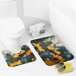 Bath Mats Bathroom Rugs Sets 2 Piece Flowers And Butterfly Absorbent U-Shaped Contour Toilet Rug