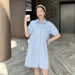 Maternity Dresses Pregnant womens summer dress lapel short sleeved blue striped maternity dress womens cotton dress pulled waist maternity clothing d240520