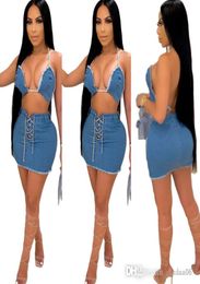 Sexy Designer Womens Two Piece Dress High Elastic Denim Denim Suspenders And Lace Up Skirt Binding Set Dresses For Wedding Party9482960