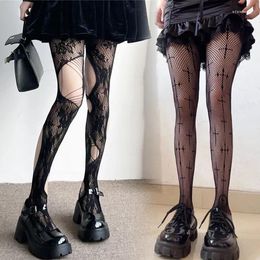 Women Socks Sexy Pantyhose Mesh Tights Gothic Fishnet Lolita Cross Long Print Club Goth Cosplay JK Girls Body Nylon Stockings