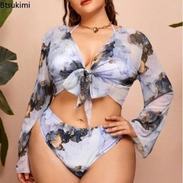 Women's Swimwear 2024 Sexy 3 Pieces Swimsuit With Long Sleeves Crop Top Lace Up Halter Bikinis Set Floral Print Bathing Suit For Women