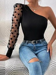 Women's T Shirts In Now One Shoulder T-shirts Mesh Patchwork Slimming Waisted Tops Dot Long Sleeve Woman Clothing Fashion Female