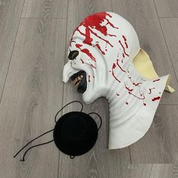 Party Masks Terrifier Art The Clown Cosplay Mask Scary White Blood Demon Joker Hat Latex Headwear Halloween Costume Props 230824 Dro Dh9C3