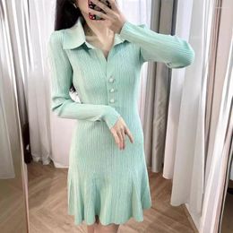 Casual Dresses Women Early Spring Buttoned Lapel Solid Colour Mini Dress