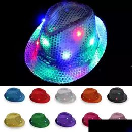 Party Hats Led Jazz Hats Flashing Light Up Fedora Trilby Sequins Caps Fancy Dress Dance Party Unisex Hip Hop Lamp Luminous Hat New Dro Dhohy