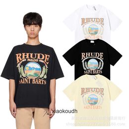 Rhude High end designer T shirts for Chaopai Sunset Beach Pleasant Pattern Printed Round Neck Short Sleeve Tshirt Men and Women Couples Half Sleeve With 1:1 original