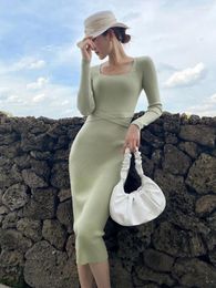 Casual Dresses Autumn Style Square Collar Elegant White Bandage Slim Maxi Dress Long Sweater Sweet Korean Women Robe C601