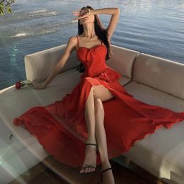 Casual Dresses Red Dress Women Summer 2024 Beach Vacation Skirt Elegant Fashionable Sexy Sling Long With Layered Ruffle Edge