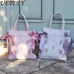 Cosmetic Bags Japanese Style Handbag Women's Sweet Bowknot Exquisite Embroidered Flower Hand Lolita Girls Storage Shopping Tote Bag Lady