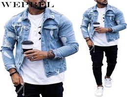 Men New Fashion Holes Light Blue Denim Jeans Short Jacket Casual Long Sleeve Punk Style Coat with Pockets Plus Size5406583