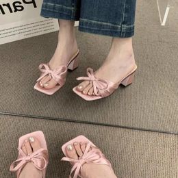 Slippers Bow Chunky Summer Shoes 2024 Sexy High Heels Women Sandals Designer Flip Flops Open Toe Party Pumps Slides