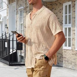 Men's Casual Shirts Breathable Men Shirt Summer Short Sleeve Lapel Design Solid Color Geometric Pattern Top For Work Vacation