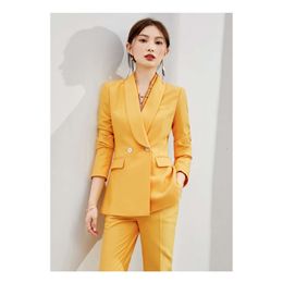 Gelbe Business Jacke und Hosen für Frauen formelle Damen Pant Anzüge Büro weibliche Hosen Hosenhosen 2 PCs Conjunto Feminino