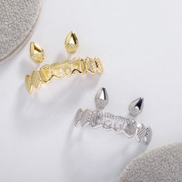 Hollow Canine Bling Gold Plated Iced Out CZ Mouth Teeth Grillz Caps Top Bottom Grill Set Men Women Vampire Grills Rock Punk Rapper Accessories for Men Hiphop Jewellery