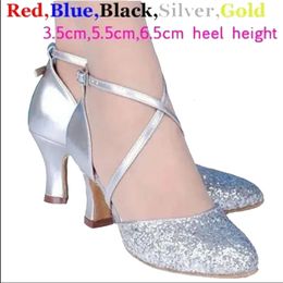 5 Colors Sequin Blue Red Black Gold Silver Women Ballroom Tango Salsa Latin Dance Shoes / Closed Toe Salsa Shoes 240520