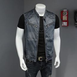 Mens Stand Collar Personality Motorcycle Denim Vest 240520