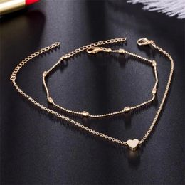 Anklets 2 PCS Set Metal Heart Charm Anklet For Women Shiny Gold Color Ball Chain Link Summer Beach Wear Girl Trendy Jewelry