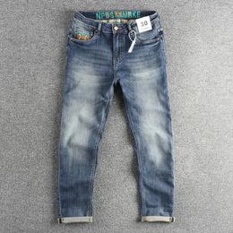 Men's Jeans Heavy Craft Embroidery Design Washed Blue American Men Slim Small Straight Stretch Comfortable Youth Pants