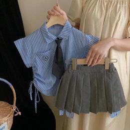 Clothing Sets Girls Clothes 2024 Summer American Fashion Vertical Stripe Sleeveless Top Irregular Pleated Skirt 2-piece Set