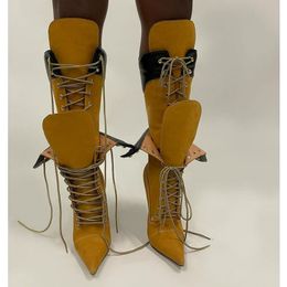 2024 Nuovo stile da donna stivali per ginocchini per cucine in pelle di pelle di pelle più alta tacchi con pilastro puntato con punta di piedi scarpe da festa casual scarpe da festa lace-up knight stivali doppi siz 34-43