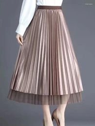 Skirts Reversible Mesh Stretch Pleated Midi Long Skirt Office Female Korean Fashion Casual High Waist