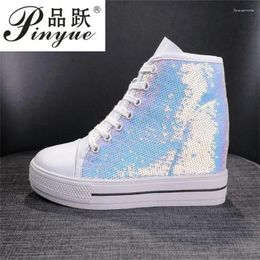 Casual Shoes 8cm Women Leather Height Increasing Wedges Lace Up Ankle High Top Sliver Glitter 34 39