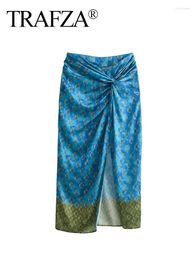 Skirts TRAFZA Summer Long Skirt Women 2024 Trendy Print High Waist Pleated Slit Decorate Zipper Female Bohemian Style Mid-Calf