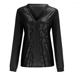 Women's Blouses Sexy V-neck Top Sequin V Neck Long Sleeve Blouse For Women Breathable Loose Pullover Solid Colour Party Shirt Fall Spring