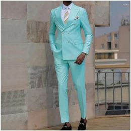 Men's Suits Turquoise Men 2 Pieces Peaked Lapel Double Breasted Costume Homme Casual Travel Party Wedding Mens Clothes Jacket Pant