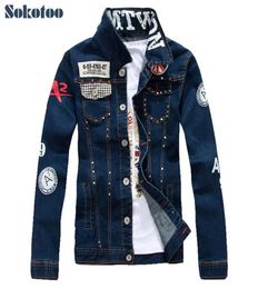 Sokotoo Men039s slim English flag patch design rivet jean jacket Casual dark blue washed denim coat Outerwear 2010043614732