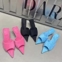 Slippers Pointed Toe Women Open Summer Outside Slides Thin Low Heels Flock Black Rose Dress Party Pumps Size 39