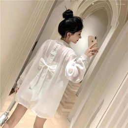 Women's Blouses 2024 Summer Long Sleeve Shirts Fashion Big Bow Loose Elegant Pink Tops Female Casual Back Hollow Out Blusa