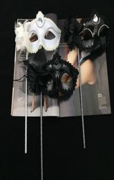 Black White Party Masks On Stick Sexy Eyeline Masquerade Mardi Gras Halloween masks Sexy beads eyeliner side Flower masks1632393