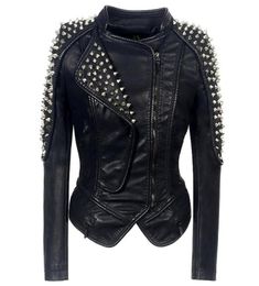 S6XL Womens Biker Leather Jacket Waist Lapel Collar MultiZip Shrug Studded Rivet Punk Motorcycle Outwear Black Plus Size Women1778546