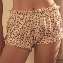 Women's Sleepwear Women Summer Lounge Shorts Cherry Print Sleep Bottoms Casual Elastic Waist Ruffled Bloomers Thin Loose Home Pants Pajamas