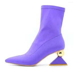 Boots Arrival Classic Style Handmade Women Short Booties Purple Stretch Fabric Triangle Heel Womens Evening Fashion Party Shoes