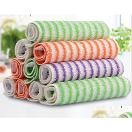Cleaning Cloths Color Stripes Non-Stick Oil Dish Towel Double Thick Bamboo Fiber Kitchen Rag Scouring Pad Drop Delivery Home Garden Dhtex