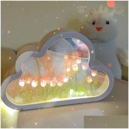 Decorative Objects Figurines Creative Cloud Tip Night Light Mirror Frame Led Table Korean Desk Bedroom Handmade Birthday Gift Drop Dhn6B