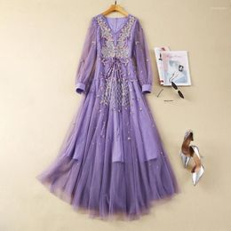 Casual Dresses European And American Women's Clothes 2024 Spring V-neck Gauze Long Sleeve Purple Flower Embroidery Fashion Pleated Dress