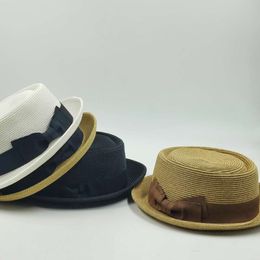 Klassisk fläskpie halm fläsk paj för män kvinnor bow roll brim fedora sun sommar trilby jazz vintage filt hatt l2405